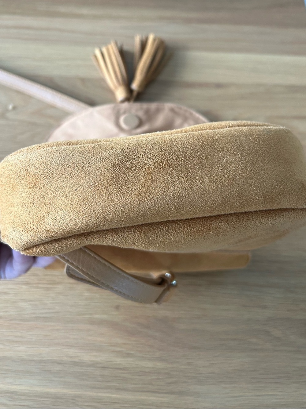 Mustard Suede Crossbody Saddle Bag with Braided Detail - Picture 5 of 6